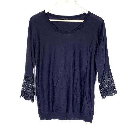 Talbots midnight blue cotton blend crocheted sleeve 3/4 sleeve sweater size SP - Picture 1 of 5